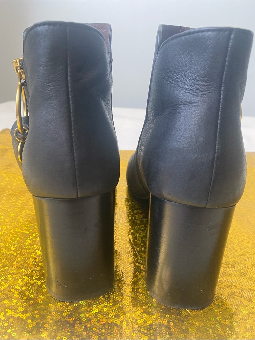 See By Chloé Black Leather Ankle Boots with Gold Rings - Picture 2 of 10